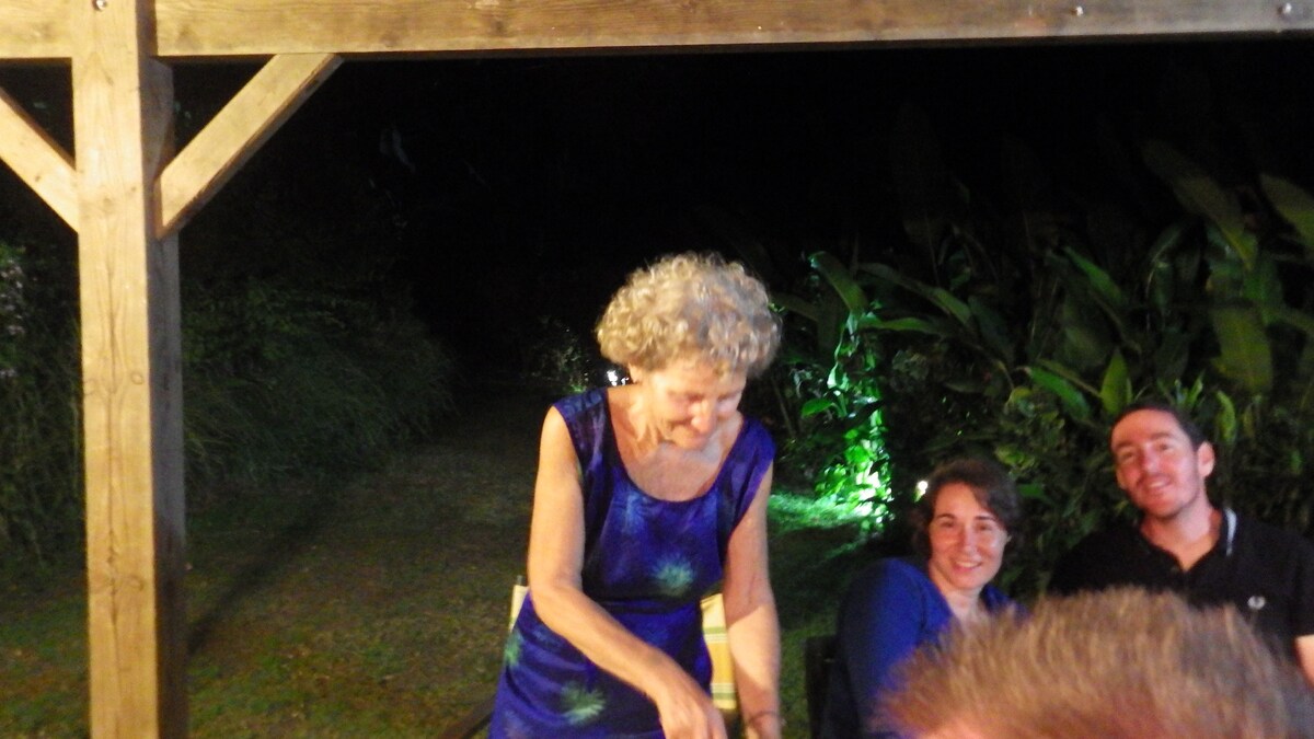 A gathering is shown under a wooden structure at night, with soft lighting illuminating the surrounding greenery. A person in a vibrant dress interacts with others seated at a table, creating a sense of companionship in a natural setting.