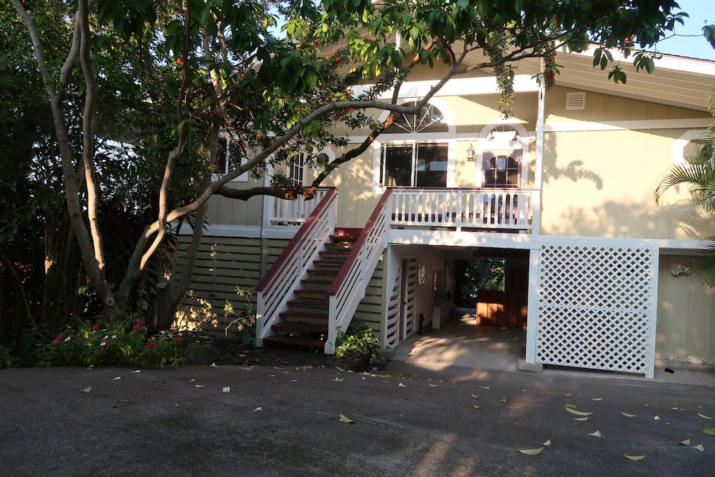 Front of house with stairs up to Ohana