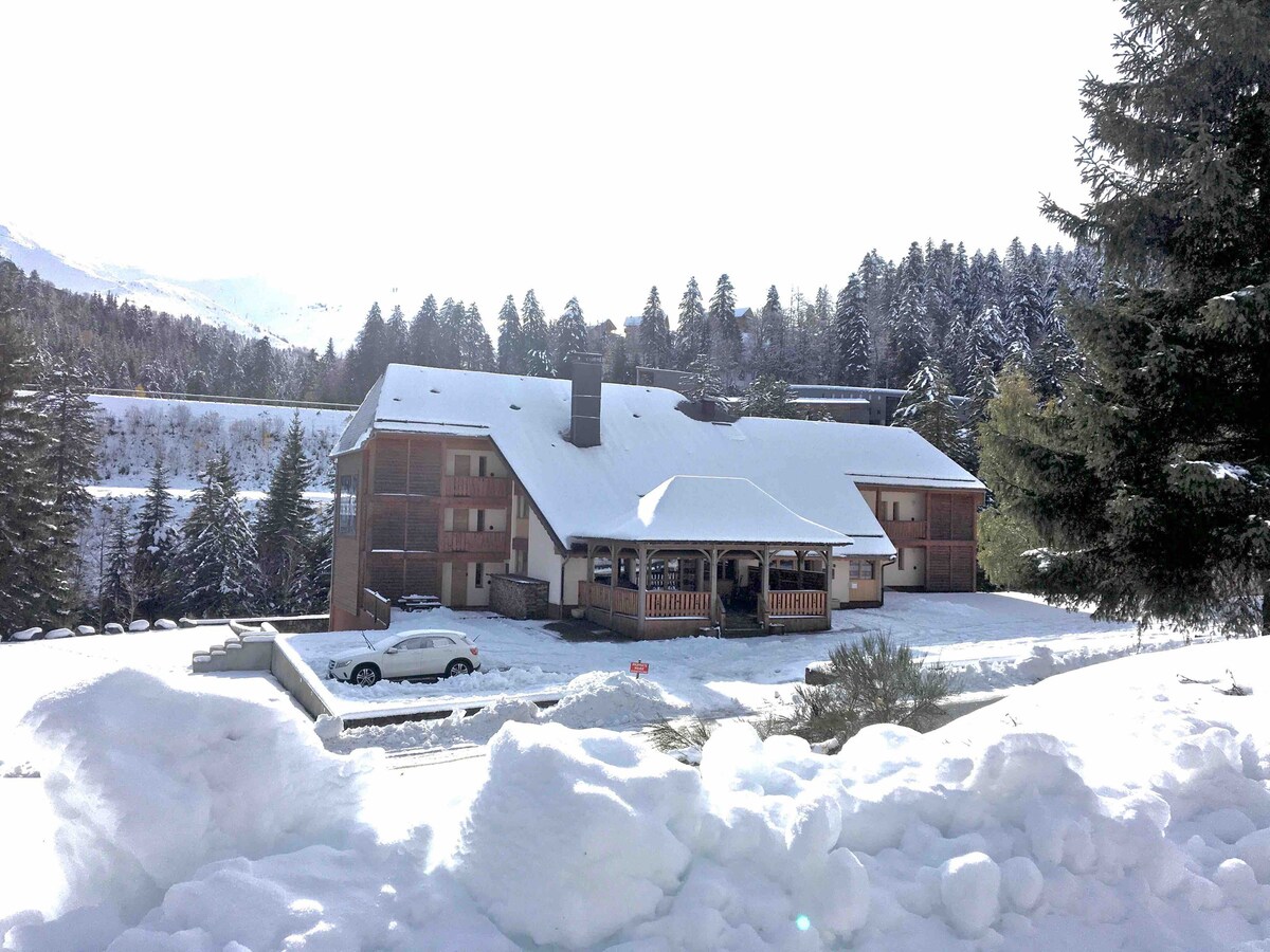 A cozy mountain lodge is shown blanketed in fresh snow, with a large roof and multiple balconies. Surrounding trees are dusted with snow, while a spacious front area is visible, including a parking space with a vehicle. The bright sky adds to the winter ambiance.