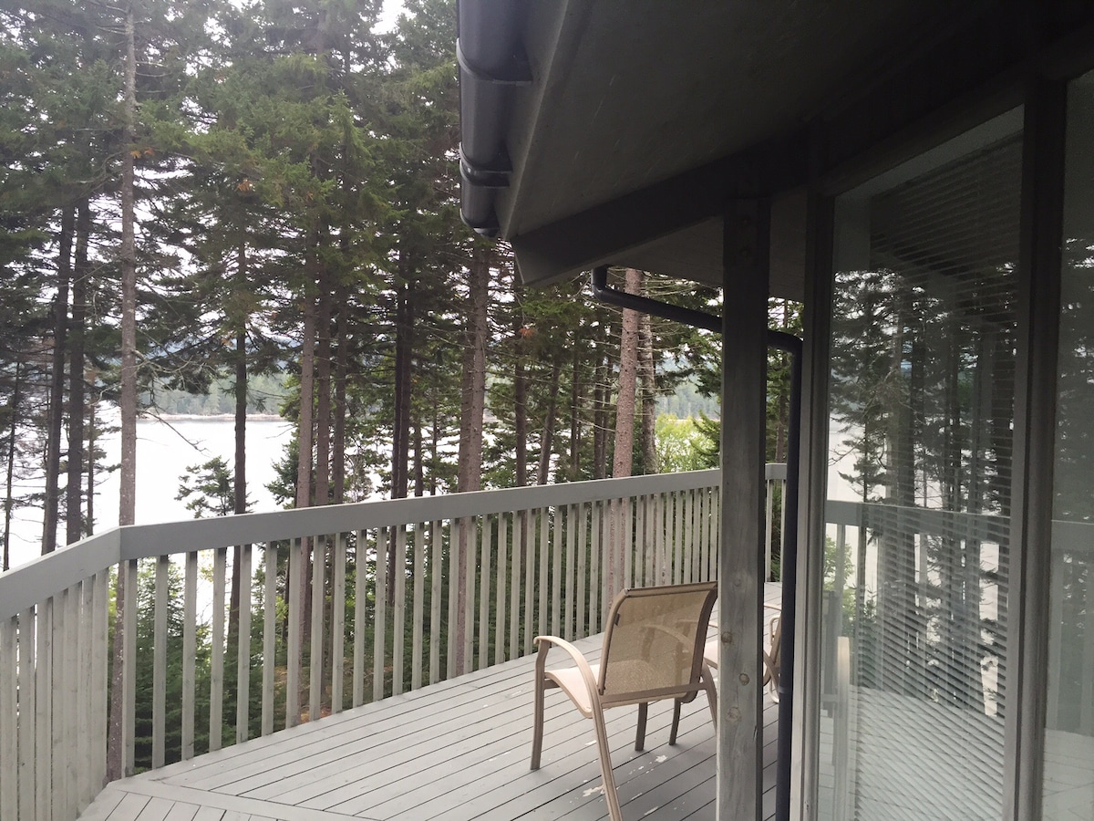 A spacious deck is shown with views of the surrounding trees and water. A single chair is positioned on the grey wooden surface, inviting moments of relaxation among the natural setting. The edges of the structure frame the scene, blending indoor and outdoor environments.
