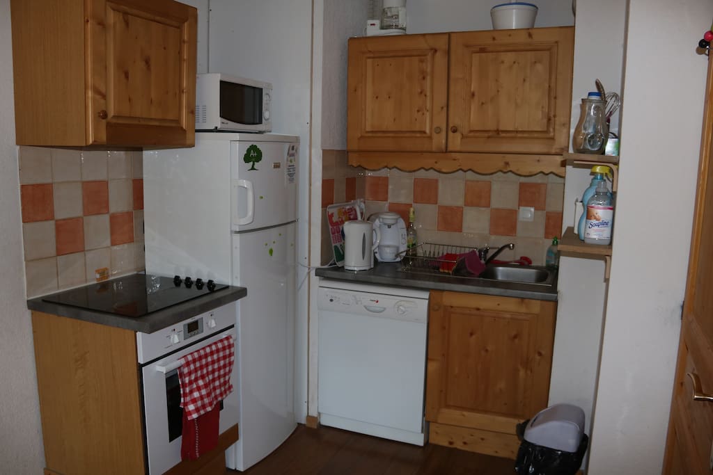 Cuisine équipé, 4 plaques vitro, un grand four, lave vaisselle, frigo et congélateur.