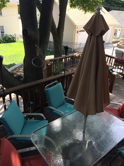 Backyard with 2 level deck, nice seating, shade garden, fenced in, with small grass area. Perfect for nice days!