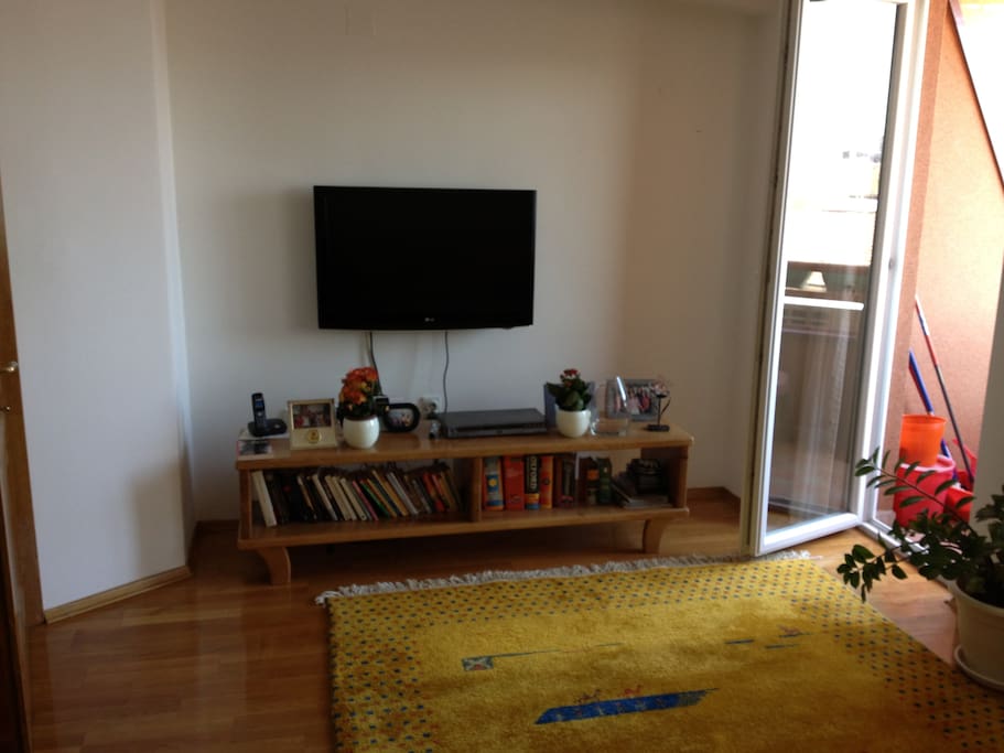Living room TV with small balcony on the right side
