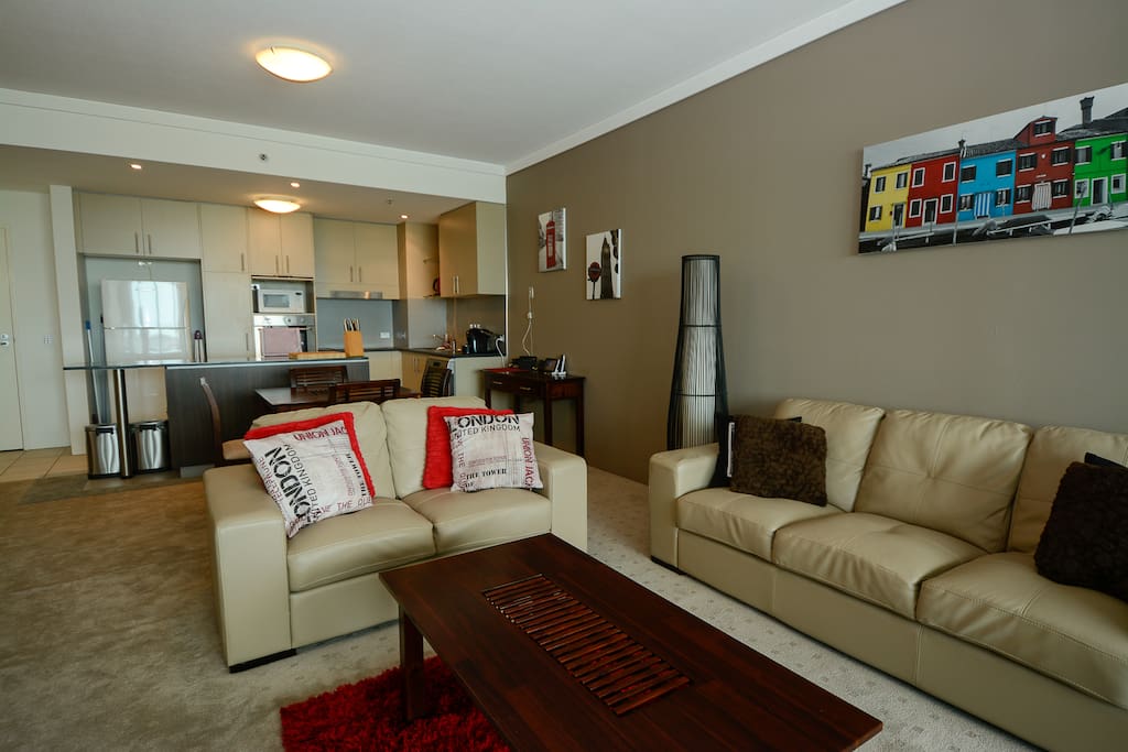 Relax in the living area which includes a fully equipped kitchen, dining table or relax on the lounge and enjoy the views of the broadwater.