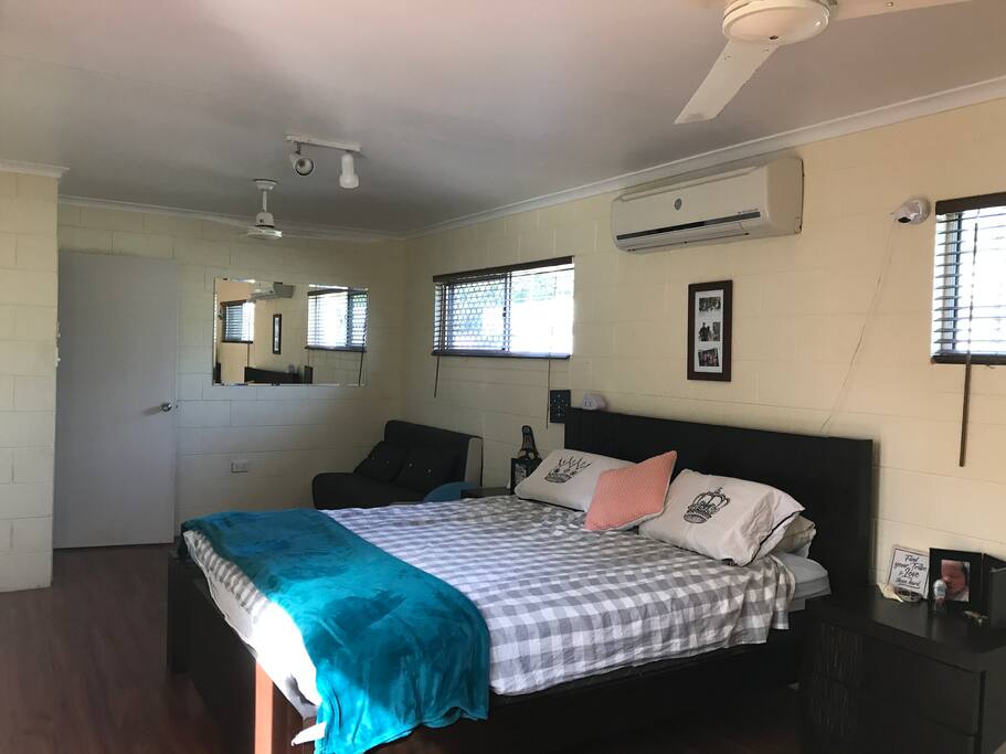 Bedroom one with king bed , sofa bed, and en suite bathroom with double shower