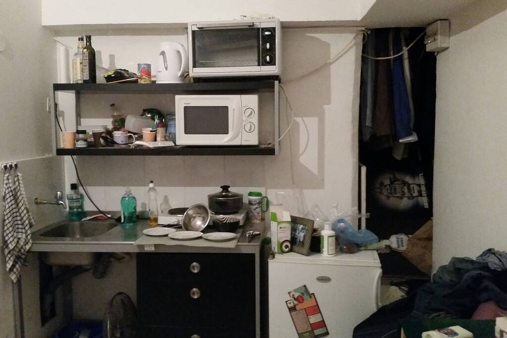 Kitchen, microwave, toaster oven, minifridge, sink