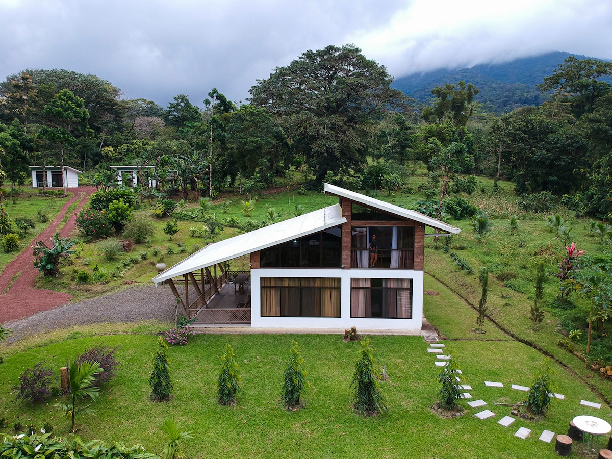 The house features a modern design with a distinctive sloped roof, set amid lush greenery. Large windows allow natural light to fill the interior. Pathways of stepping stones lead through the manicured gardens, while a backdrop of rolling hills and clouds enhances the natural surroundings.