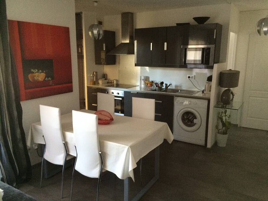 Four, plaque de cuisson, micro ondes, machine à café, frigo congélateur, machine à laver à disposition.