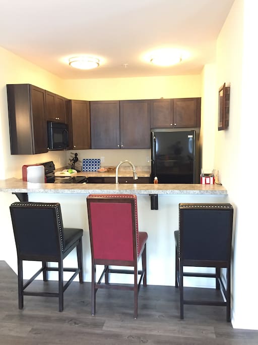 Full kitchen with food to get you started, a coffee pot and coffee, just get here and start relaxing.