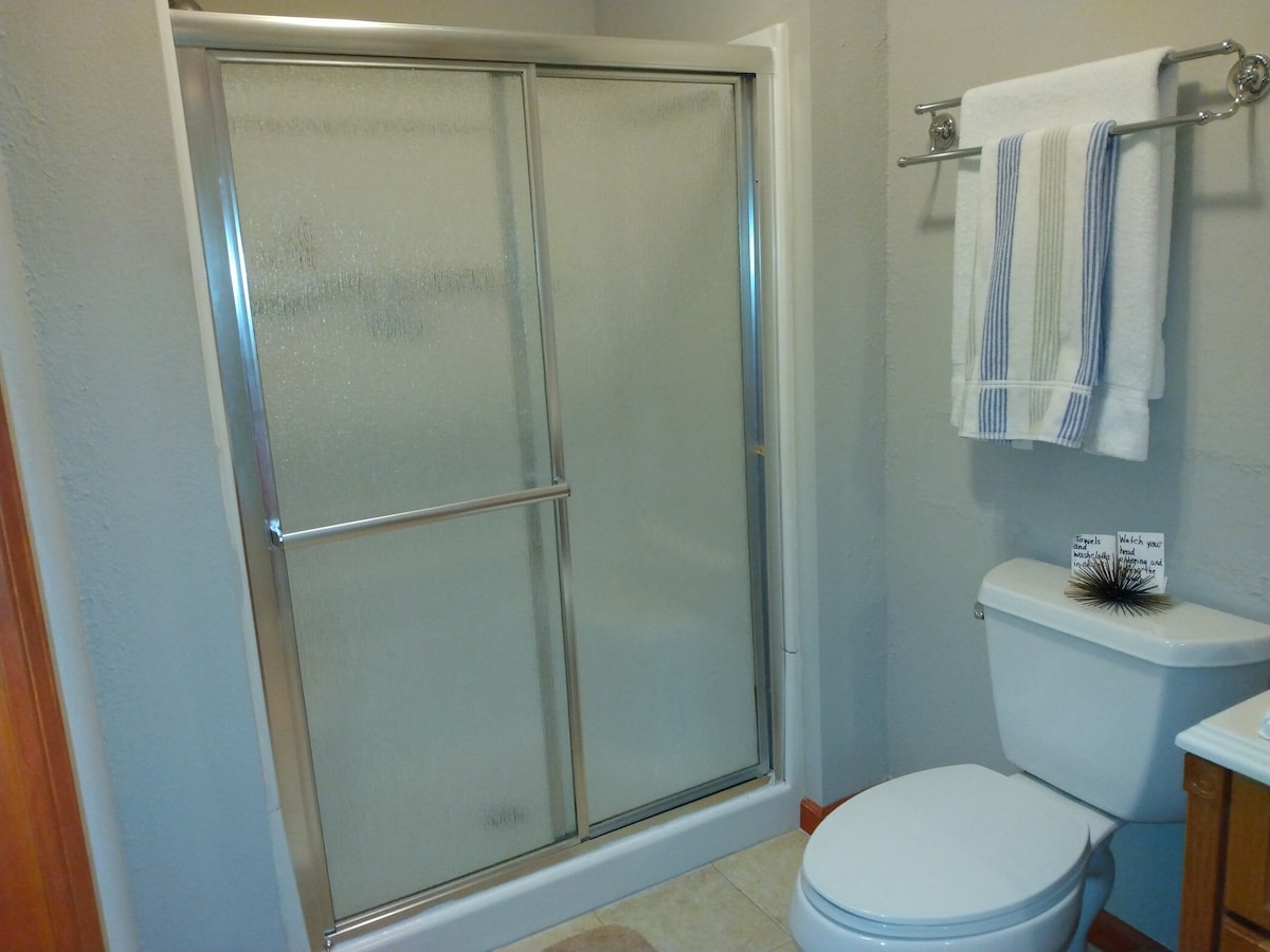 A bathroom is depicted with a walk-in shower featuring a glass door. A toilet is positioned next to the shower, and a towel rack holds two neatly arranged towels. A decorative element sits on a small shelf beside the toilet.