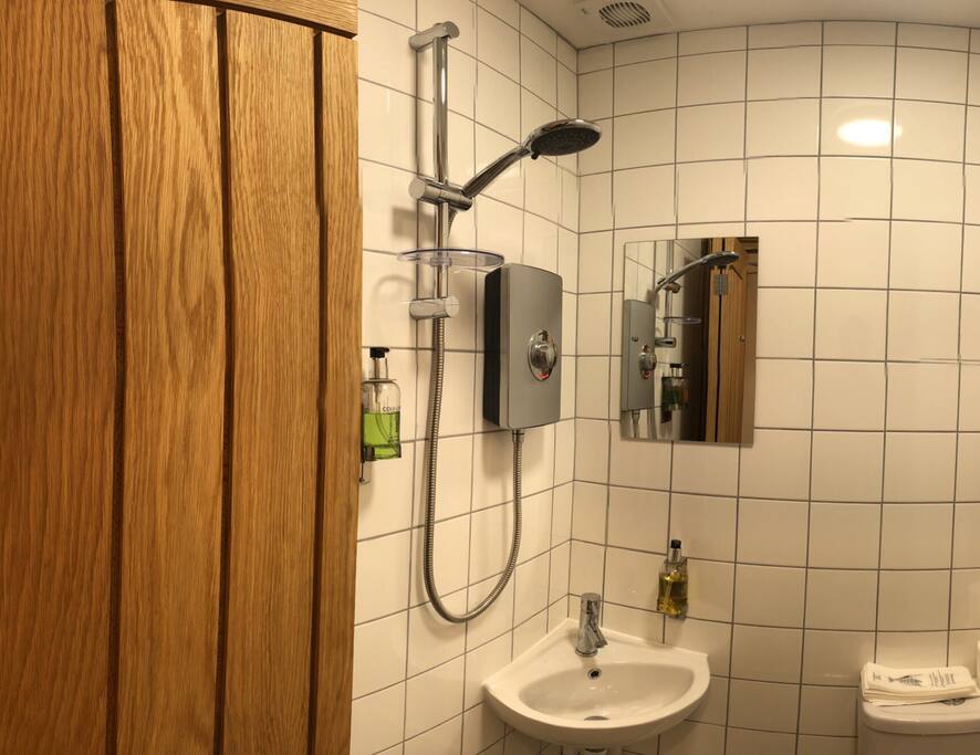 An ensuite shower, lavatory and sink for your convenience
