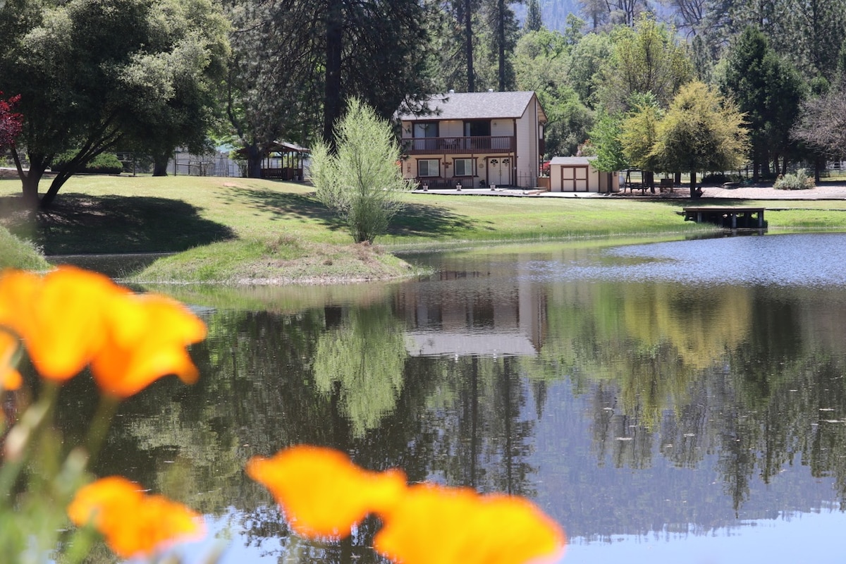 A serene cabin suite is reflected in the calm pond, surrounded by lush greenery. Wildflowers in the foreground provide a colorful contrast to the natural landscape. The cabin features multiple outdoor seating areas, adding to the tranquil atmosphere of the park-like setting.