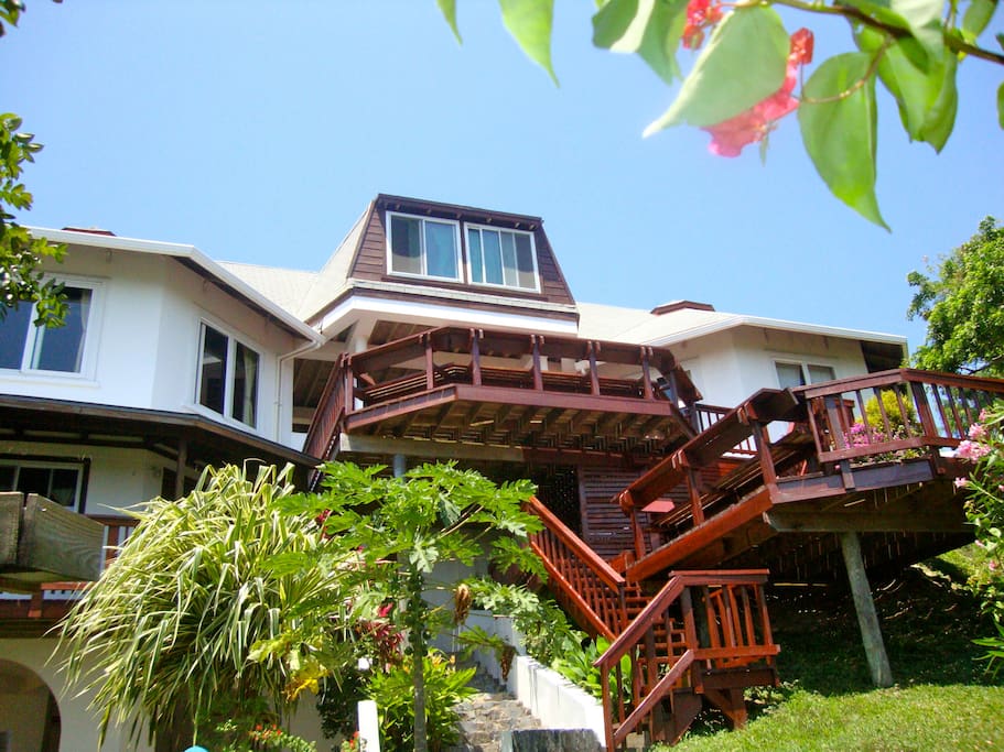Looking up at the house from below the deck
