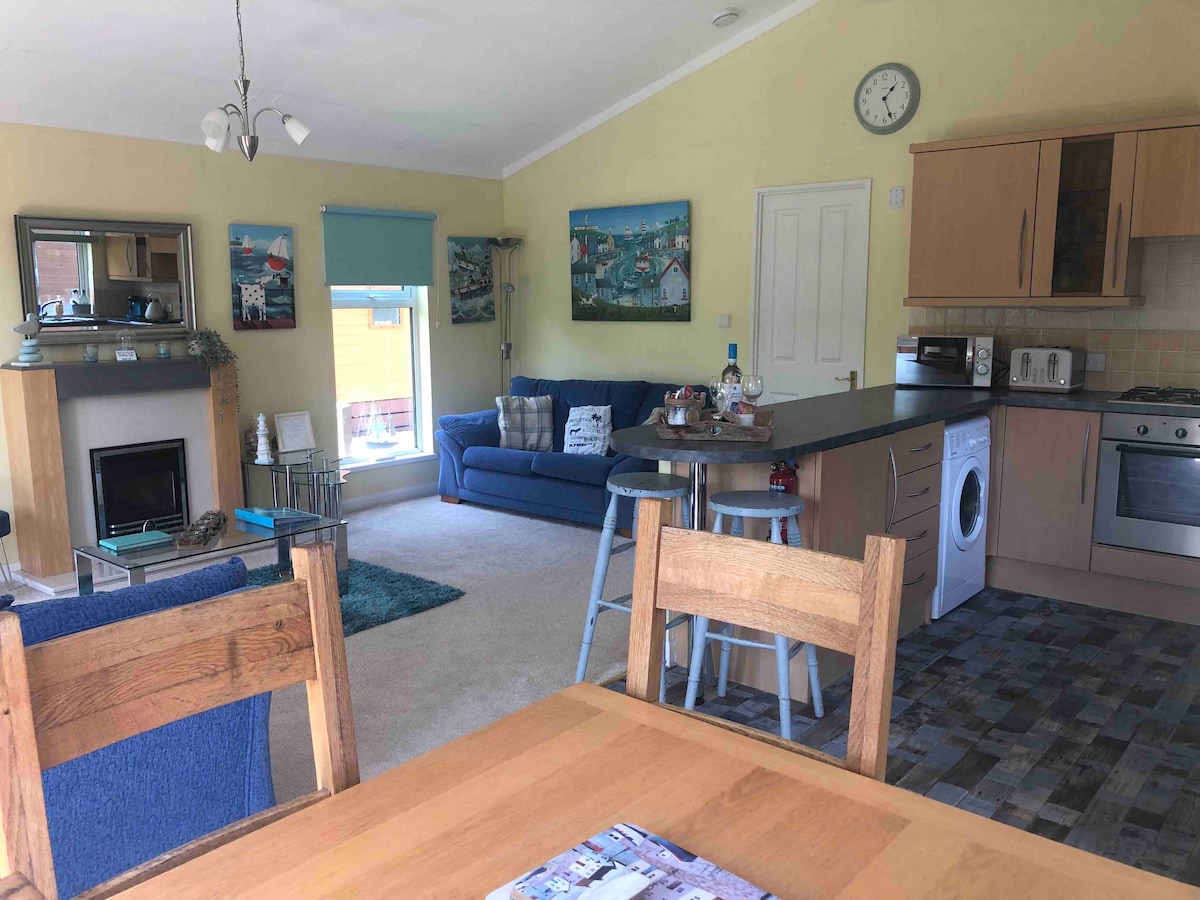 A spacious open-plan living area is displayed, featuring a comfortable blue sofa and a wooden dining table with chairs. A fireplace and large windows contribute to a bright atmosphere. Kitchen appliances, including a washing machine and oven, are visible, along with decorative wall art.