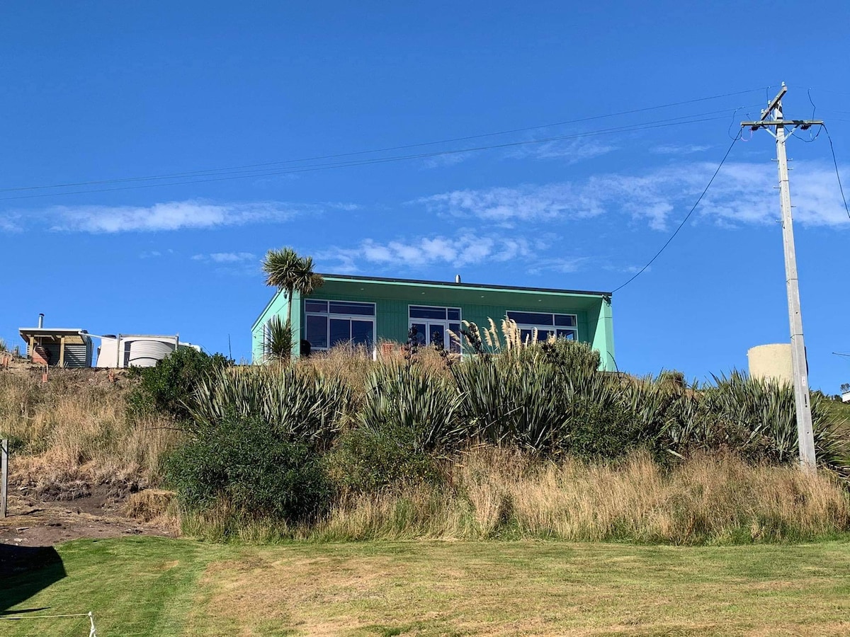 A modern green house is positioned on a grassy hill, framed by lush shrubs and under a clear blue sky. The structure features multiple large windows, allowing for ample natural light and scenic views of the surrounding landscape.
