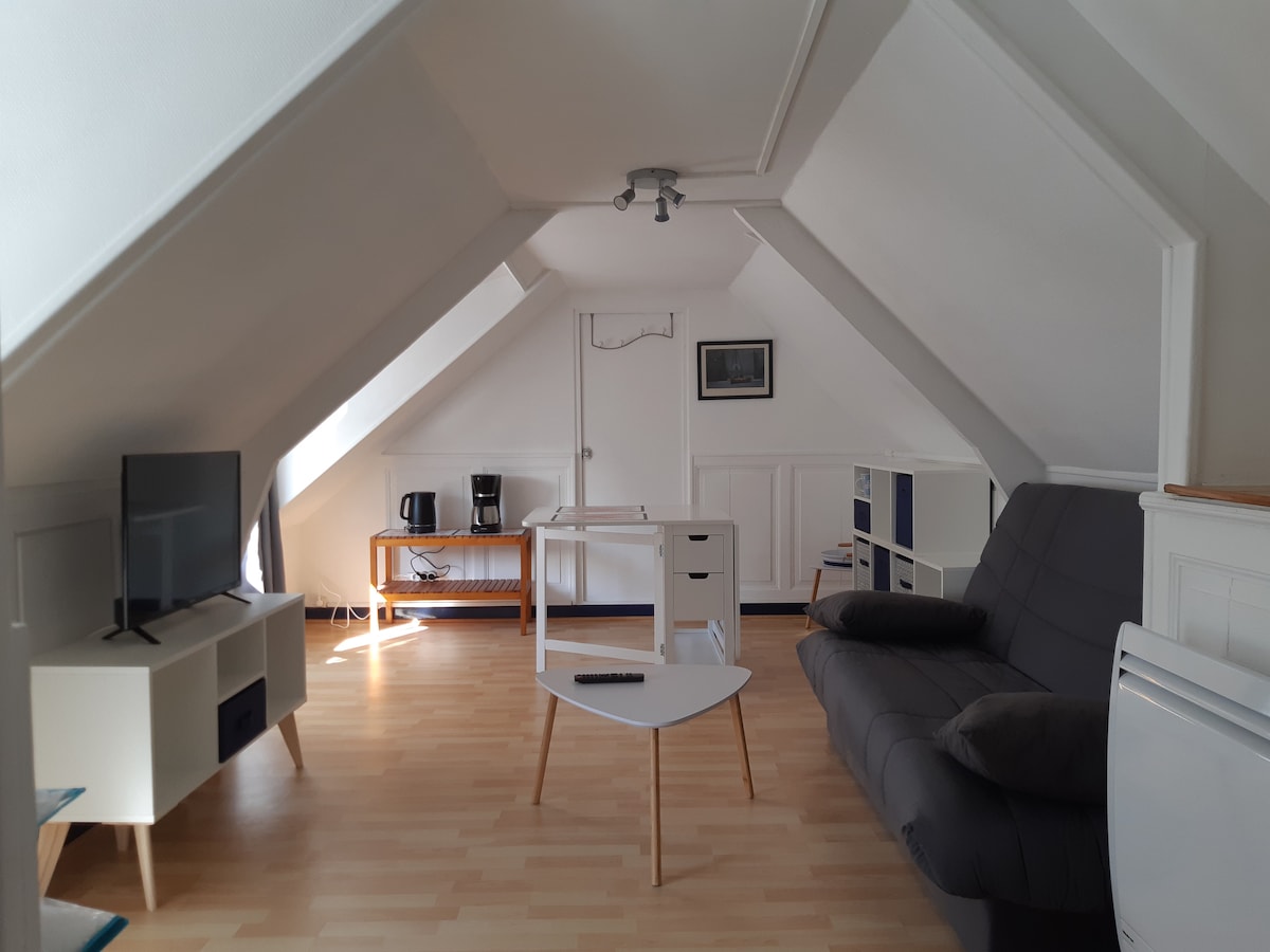 The lofted living area features slanted ceilings with ample natural light. A grey clic-clac sofa sits adjacent to a small coffee table. A flat-screen TV is positioned on a light unit, while a wooden console holds two coffee machines, adding functionality to the space.