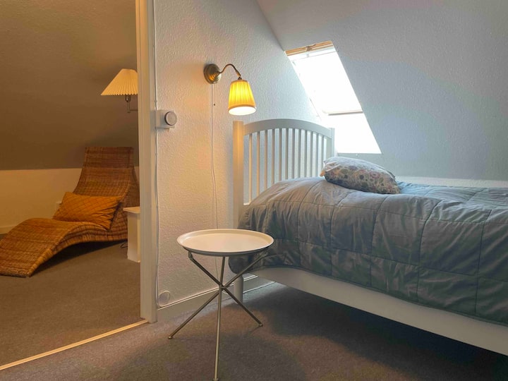 Chumba cha 4 kwenye ghorofa ya tatu, karibu na chumba cha vijana na eneo la michezo ya kubahatisha. Kitanda cha sentimita 90, ni kizuri sana na tulivu. Tunaiita "hotell ndogo" kwani inatumika kama chumba chetu cha ziada ndani ya nyumba