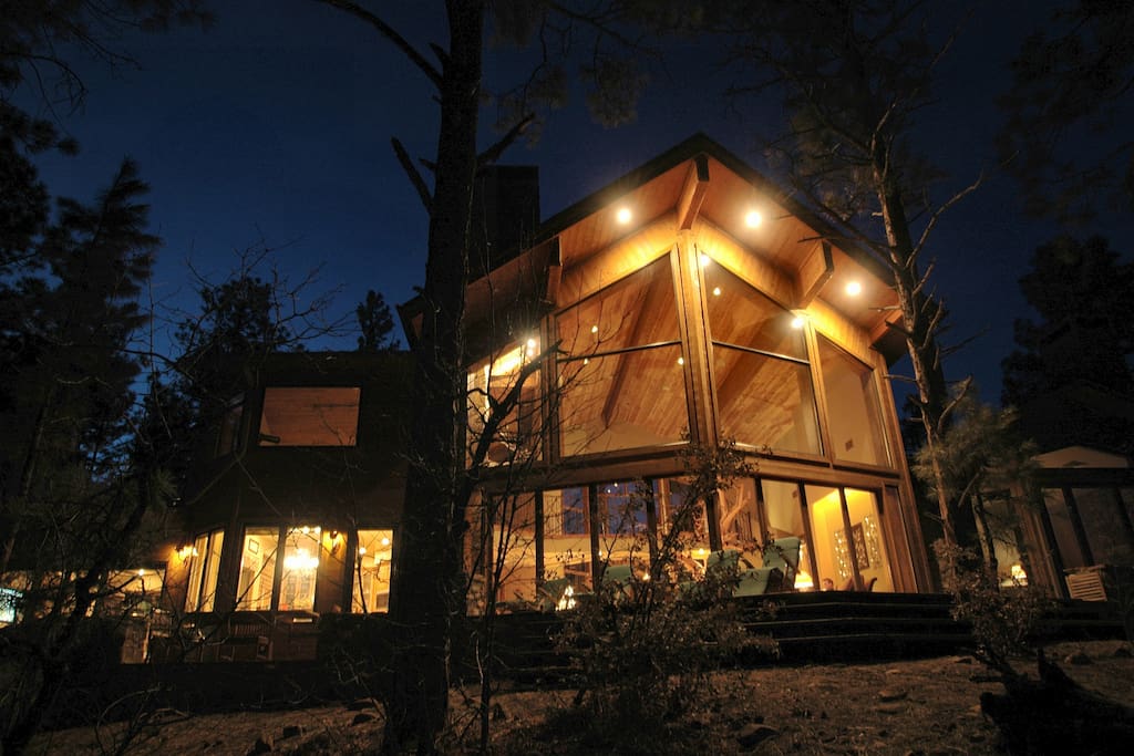 View at night from back the cabin looking in. Perfect way to get away from city.