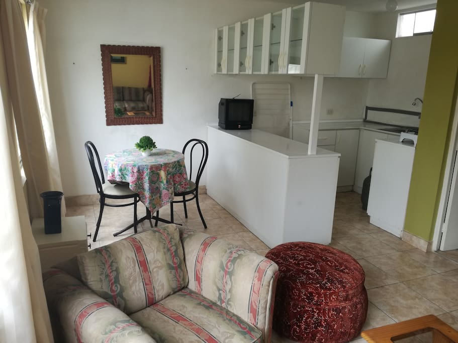 apartment is a bedroom with closet and bathroom with hot water the size of the bed is a square and a half, living room, dining room and kitchen all furnished