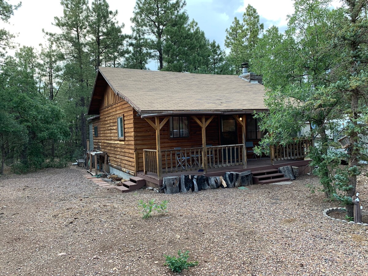 The exterior of a log cabin is showcased, featuring a covered porch with wooden railings and chairs. The cabin is surrounded by gravel and tall pine trees, enhancing its rustic charm. A wooded area is visible in the background, providing a sense of seclusion.