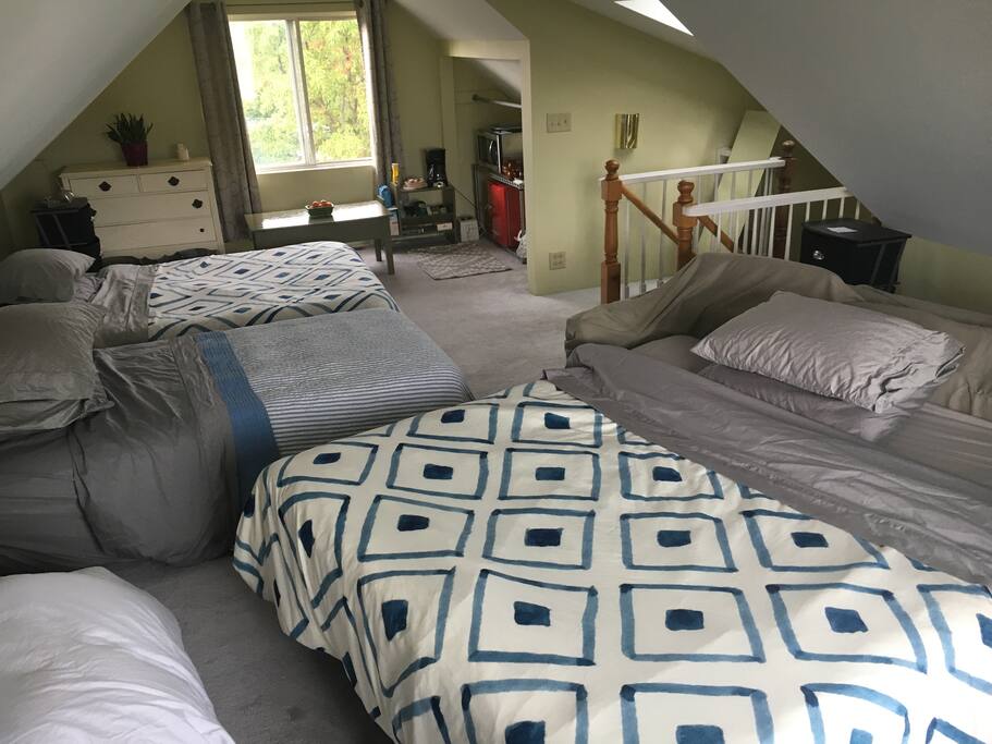 Air mattress bed(s) can be added to sleep up to six people -- or provide three people their own beds.