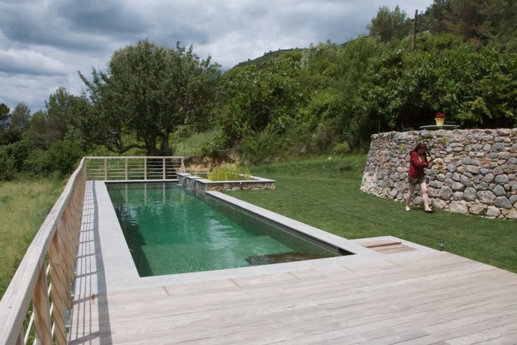 Terrasse et gazon piscine
