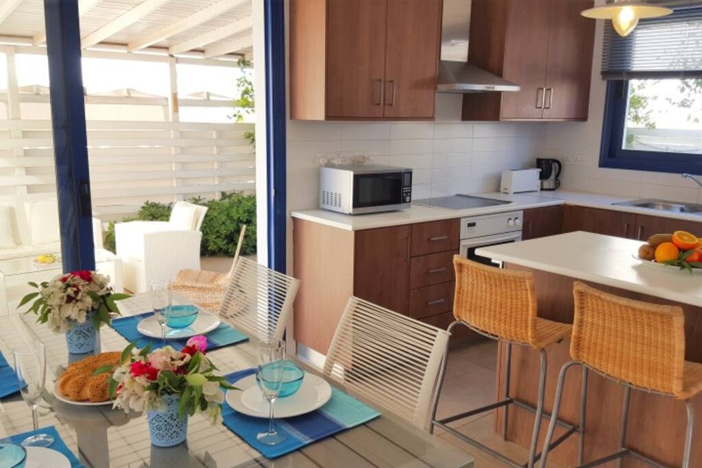 Open plan living room and kitchen.