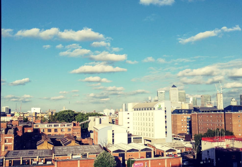 This is our view from the window. That's Canary Wharf in the distance.
