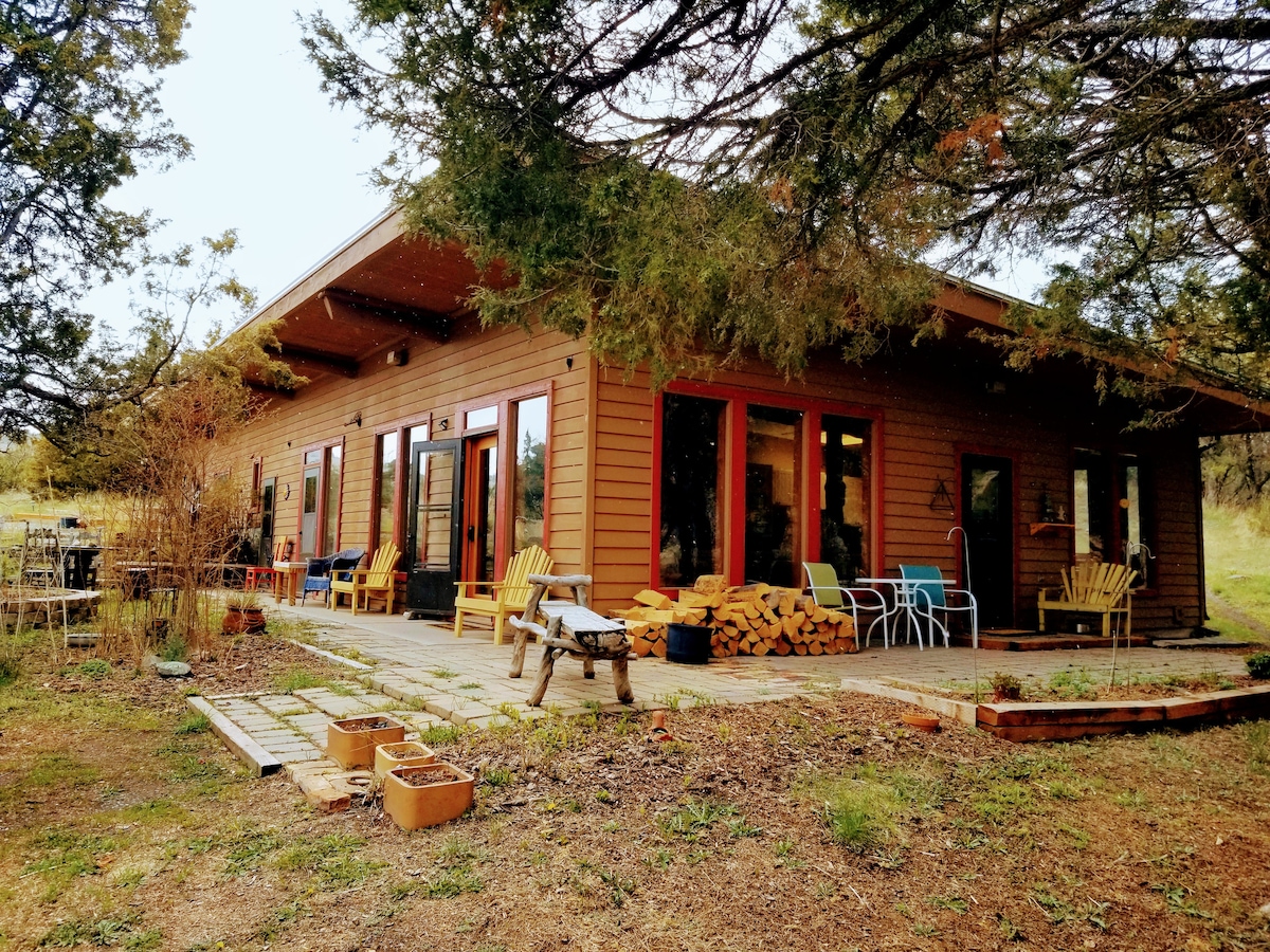 A spacious cabin exterior is displayed, featuring a mix of seating options, including Adirondack chairs and a fire pit area. Stacks of firewood are neatly arranged beside the house, and potted plants add a touch of greenery to the stone pathway leading to the entrance.