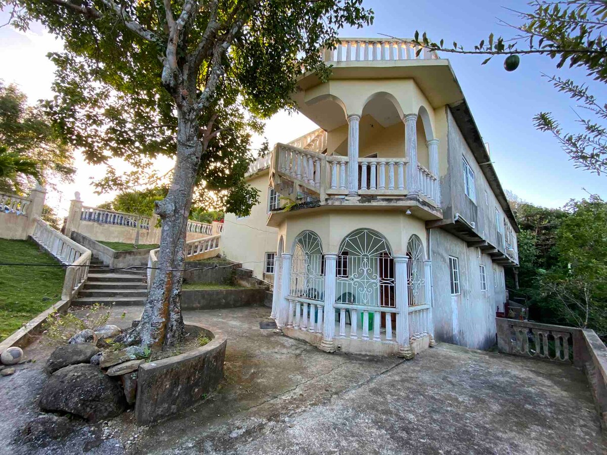 A multi-level house is surrounded by lush greenery, featuring arched balconies on the upper level. The front yard includes a stone pathway leading to the entrance, with trees providing shade and a tranquil setting.