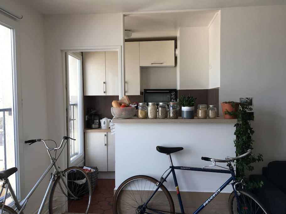 The kitchen is open into the living room