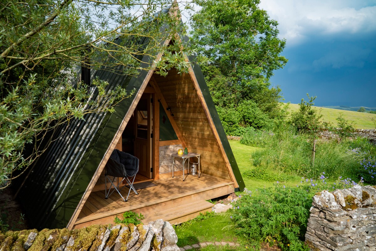The cabin's A-frame structure features a green tin roof and wooden façade. A small deck is visible, with two quilted camping chairs positioned beside a table. Lush greenery surrounds the cabin, enhancing the natural setting.