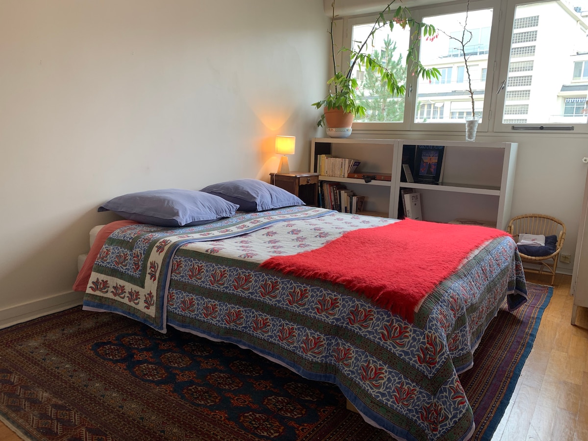 Chumba kikubwa, vitanda vikubwa na hifadhi nyingi za mizigo yako. 
Imefungwa kwenye mabafu. 

Dirisha linaangalia bustani, utafurahia utulivu kamili, ndege nyakati za asubuhi. 
Utulivu kamili (hakuna kelele za jiji) umehakikishwa! 