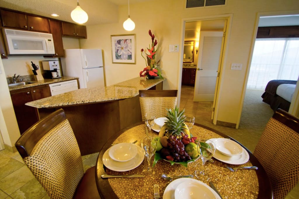 kitchen is equipped with a refrigerator, dishwasher microwave, electric skillet, toaster, coffee maker, Blender. Note there is not a stove. If needed call housekeeping for a hotplate, pots and pans and a rice cooker