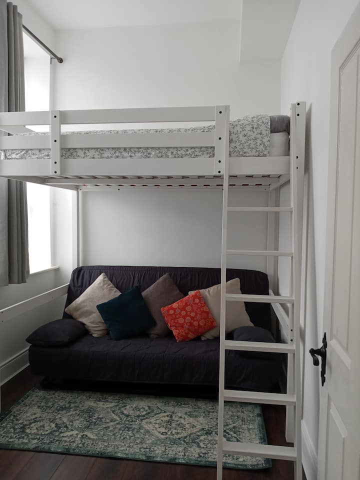 Loft bed/double bed on top. Also a sofabed underneath can be used as your own relaxing space if you dont want to use the sittingroom everynight. 3 large windows, double wardrobe & locker finish this room nicely 