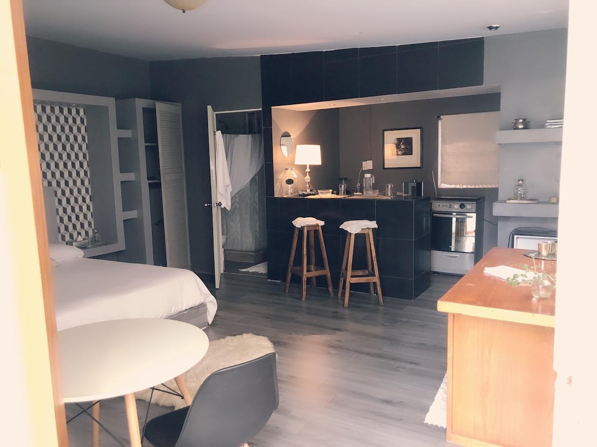 A compact suite is showcased, featuring a spacious bed with clean linens. A small dining table with chairs is positioned nearby. The kitchenette is equipped with essential appliances, and an open layout promotes easy movement throughout the area. The bathroom is accessible from the main room.