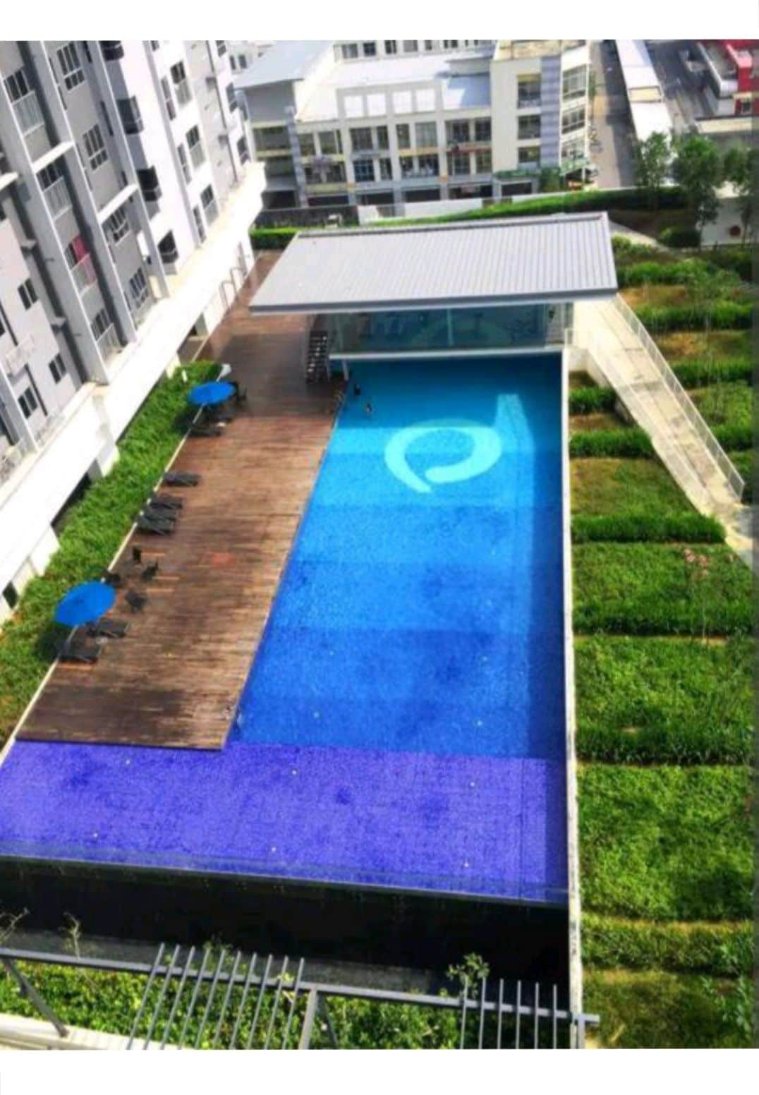 An aerial view of a swimming pool area featuring a vibrant blue pool surrounded by greenery. Sun loungers with umbrellas are positioned along the wooden deck, while a shaded seating area is visible at one end of the pool.