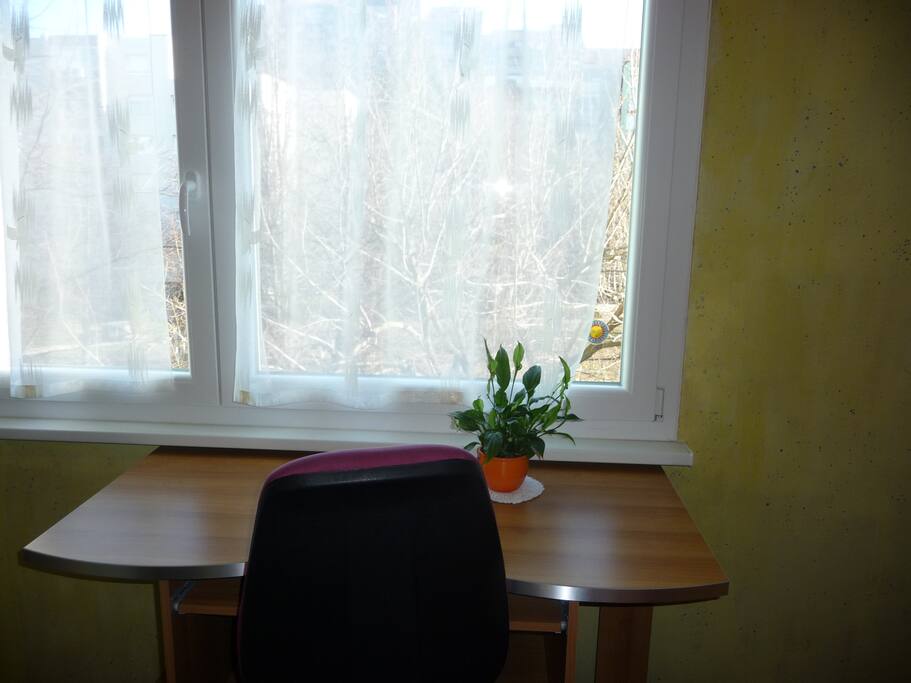You have your own desk and TV in your room.