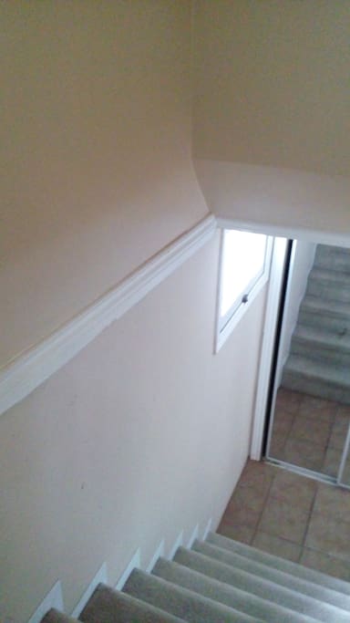 Stairs from side entrance to basement with coat closet behind mirror