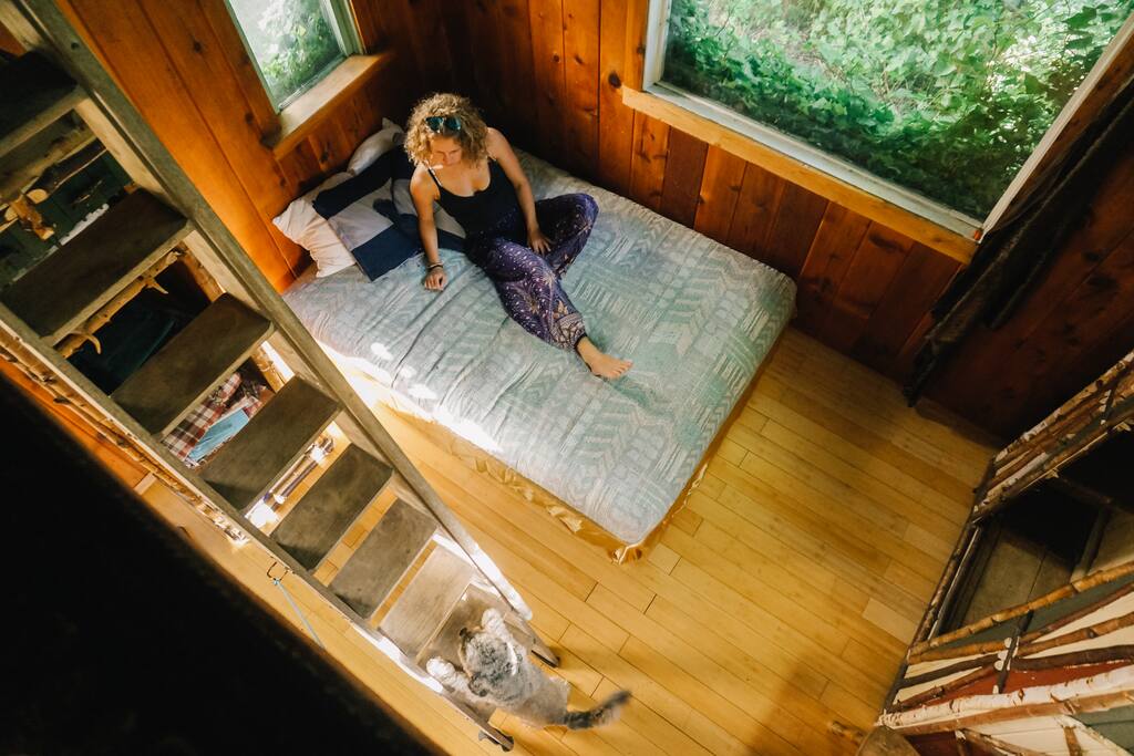 Looking down from the loft in the Ivy Cabin. Photo courtesy of Ann Nguyen & Hipcamp ⛺️