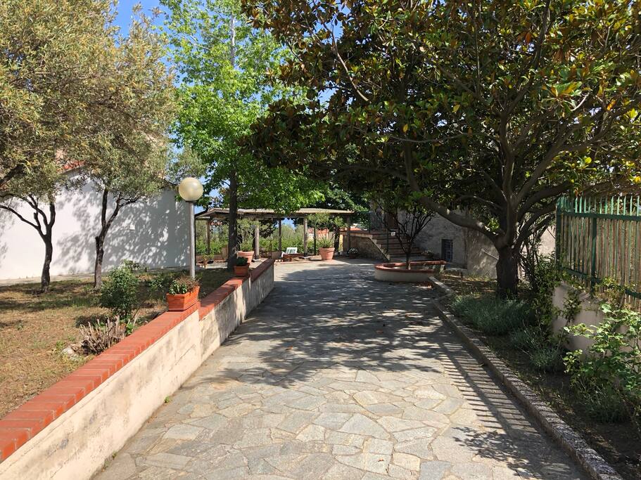 From the gate to the house right side you see the guesthose, mainhouse where we live is to the left.