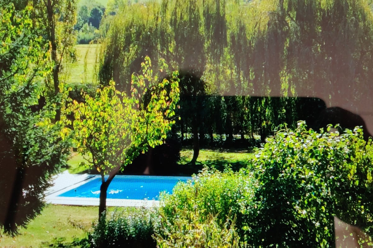 A private garden is featured, surrounded by lush greenery and mature trees. A swimming pool is visible, with sparkling blue water set against the tranquil landscape. Soft sunlight enhances the rich colors of the surrounding foliage.