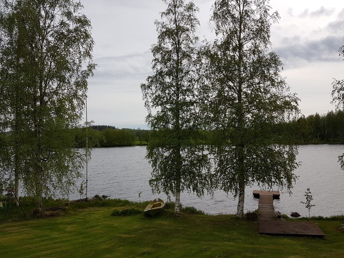 A serene view of Kiimasjärvi lake is framed by two tall birch trees. The grassy foreground leads to a wooden dock extending into the water, alongside a small rowboat resting on the shore. The calm surface reflects the surrounding greenery, creating a peaceful natural setting.