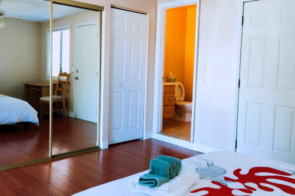 The bathroom is in the room.