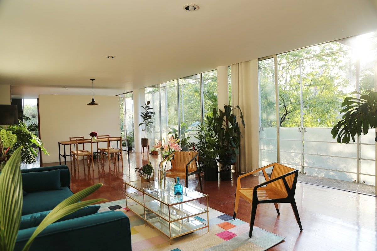 A spacious living area is filled with natural light, featuring large glass panels that provide views of surrounding greenery. A teal sofa is paired with an Acapulco chair and a glass coffee table, while a dining table is set near a bright wall. Decorative plants enhance the ambiance.
