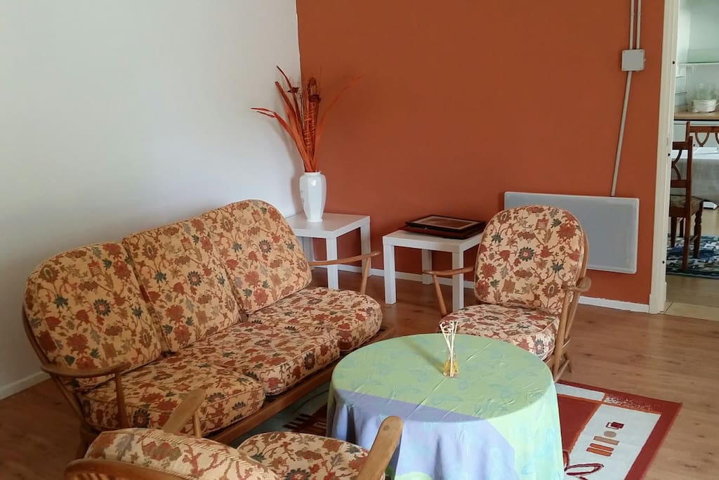 Le petit salon avec un canapé vintage et deux fauteuils