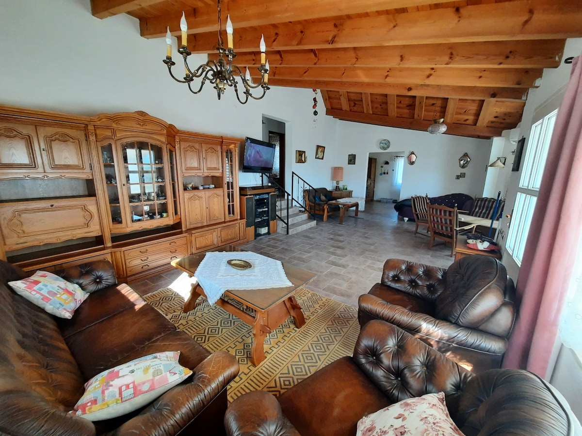 A spacious living area is furnished with a combination of leather sofas and a wooden coffee table, surrounded by decorative accessories. A wooden chandelier hangs from the ceiling, and large windows allow natural light to fill the room, illuminating the rich textures and furnishings.