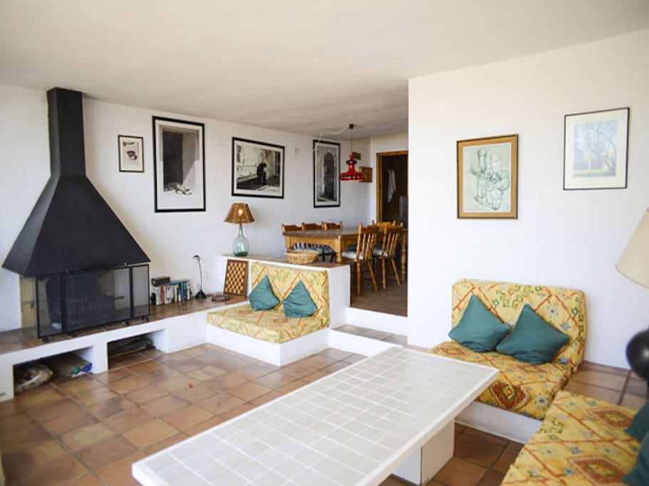 Living room with open fireplace