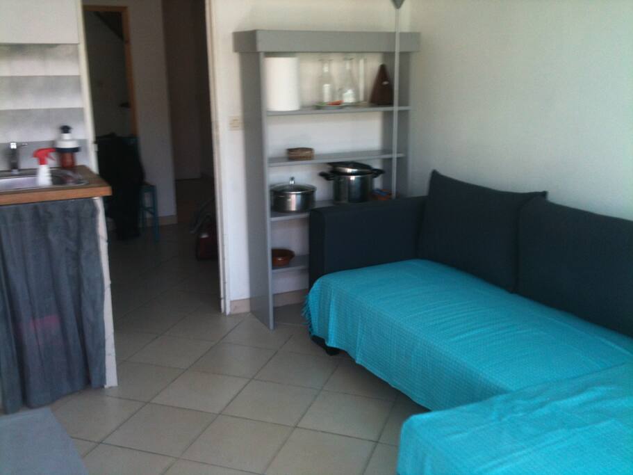 Salon / Cuisine, derrière se trouve la chambre, SdB et toilettes, ainsi que la mezzanine de 9m2 à l'étage.