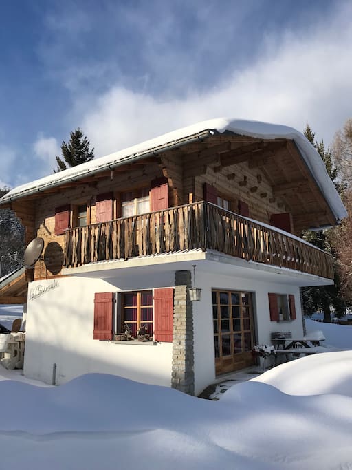 Chalet from outside in winter